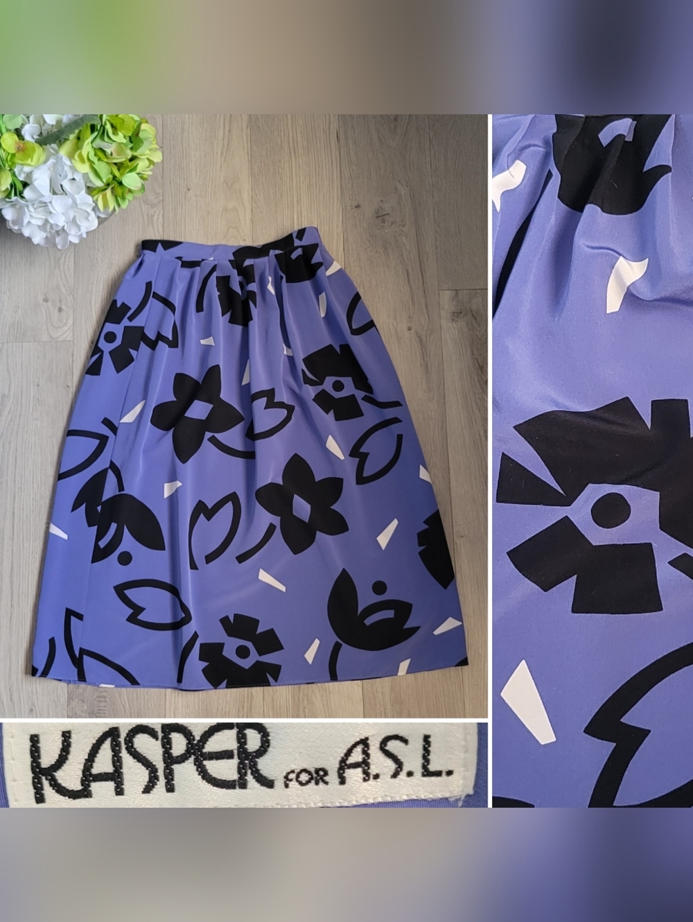 Kasper for A.S.L. Vintage Midi Blue & Black Floral Skirt with Pockets, Women 6/7